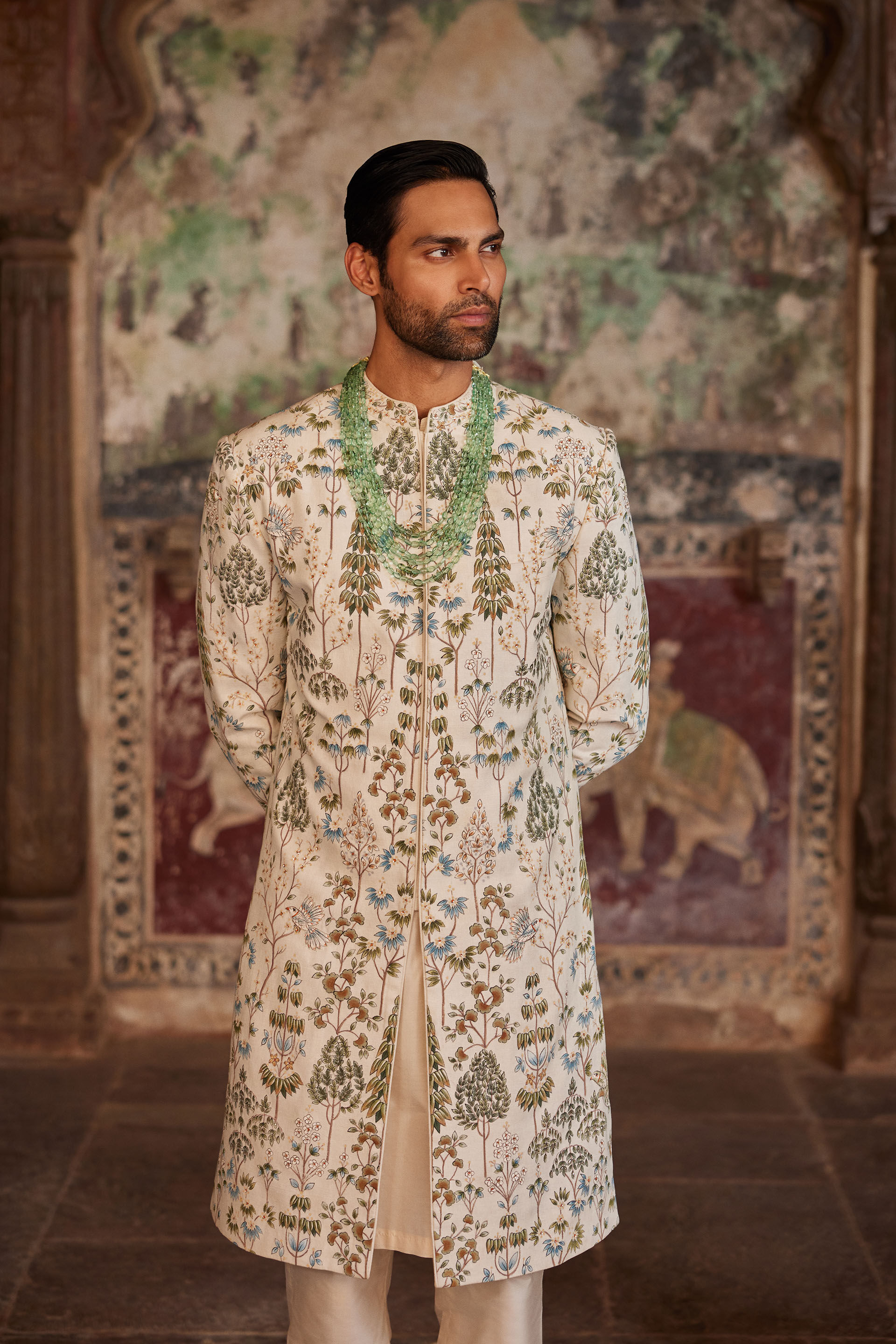 Shahoor Hand-painted Pichhwai Sherwani - Off White, Off White, image 5